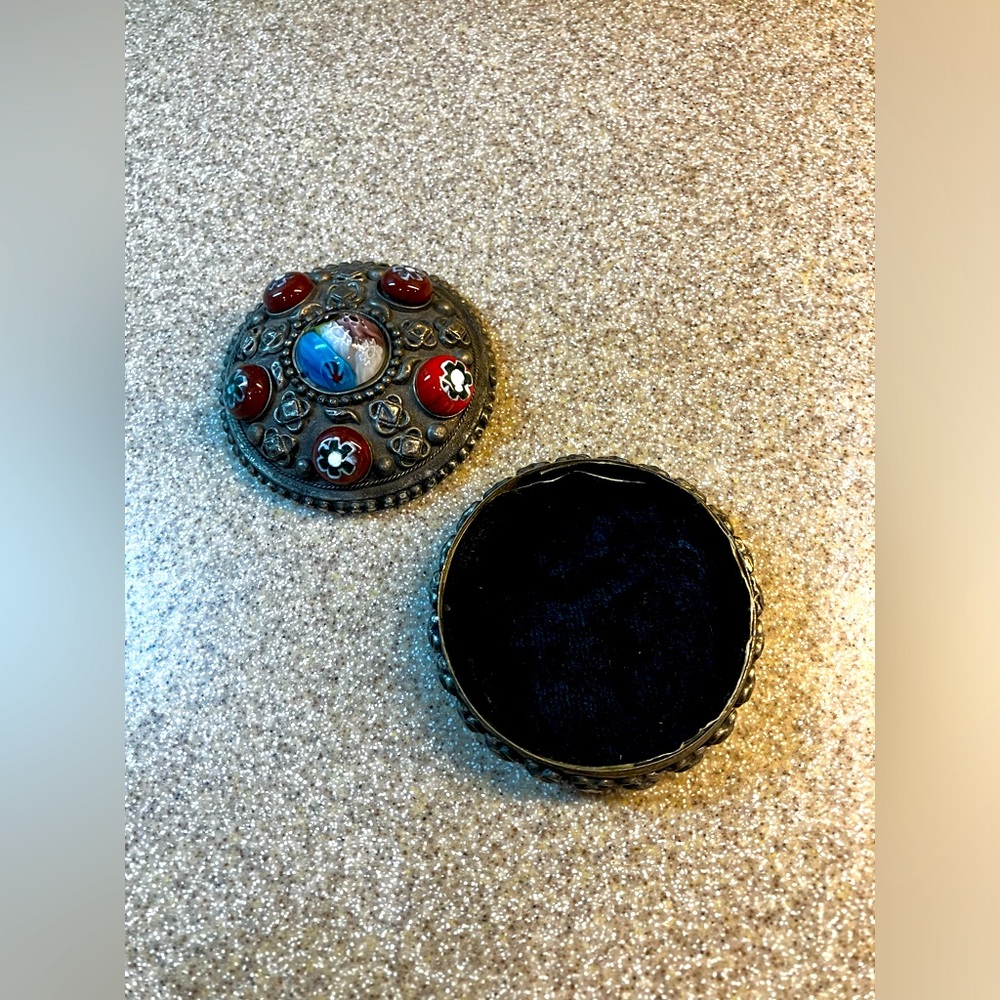 Vintage handmade trinket box decorated with glass beads, filigree metal